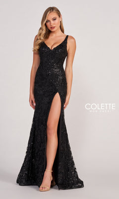 Woman wearing the Colette CL2040 Sequin-Lace V-Neck Long Formal Gown—a black dress with a fitted bodice, thin straps, high slit, and sequin-lace details—posed against a plain light background. Perfect for prom or formal events.