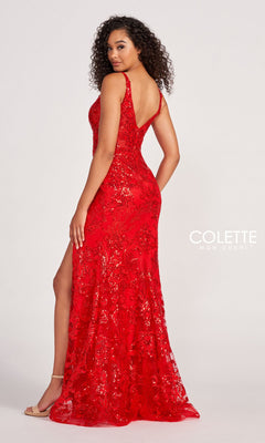 A woman with curly hair and strappy heels faces away, wearing the Colette CL2040 Sequin-Lace V-Neck Long Formal Gown with a side slit. The background is plain light gray.