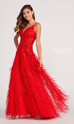 A woman stands against a plain background wearing the Colette CL2044 Feather Prom Ball Gown, a sleeveless, floor-length red evening gown with v-neckline, sequin and feather details. The image displays "Colette Mon Cheri" branding.