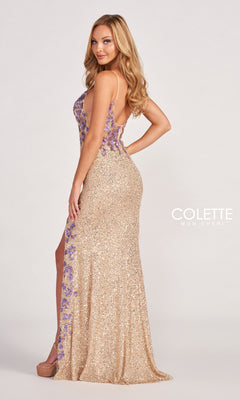 Colette CL2049 Stretch-Sequin Long Gold Prom Dress Gold/Lilac / 00