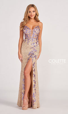 slim fit dress slacks JVN JVN4327 Prom Dress - Purple/Gold main image 1