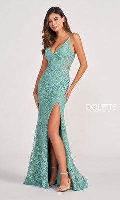 A woman models the Colette CL2052 Sequin Lace Long Formal Dress, a light teal sleeveless gown with a deep V-neckline, side cutouts, high slit, and strappy heels—ideal as an evening gown for prom.