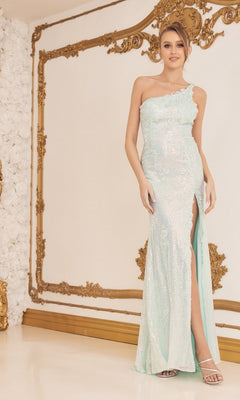 Woman in a mint green, one-shoulder long lace formal dress, standing indoors against a white and gold ornate wall.