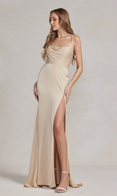 A woman stands against a neutral background wearing the Cowl-Neck Classic Prom Dress with spaghetti straps and a high side slit in light beige satin.