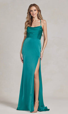 A woman in the Cowl-Neck Classic Prom Dress—a teal satin evening gown with spaghetti straps and a side slit—stands smiling against a neutral background, making it perfect for any formal event.