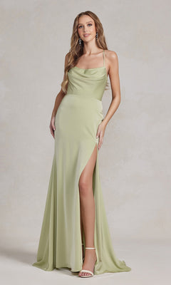 A woman stands against a neutral background wearing the Cowl-Neck Classic Prom Dress with Side Slit, a light green, floor-length gown featuring spaghetti straps, a cowl neck, and a high slit.