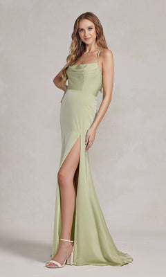 A woman poses against a neutral background in the Cowl-Neck Classic Prom Dress with Side Slit, ready for a formal event.