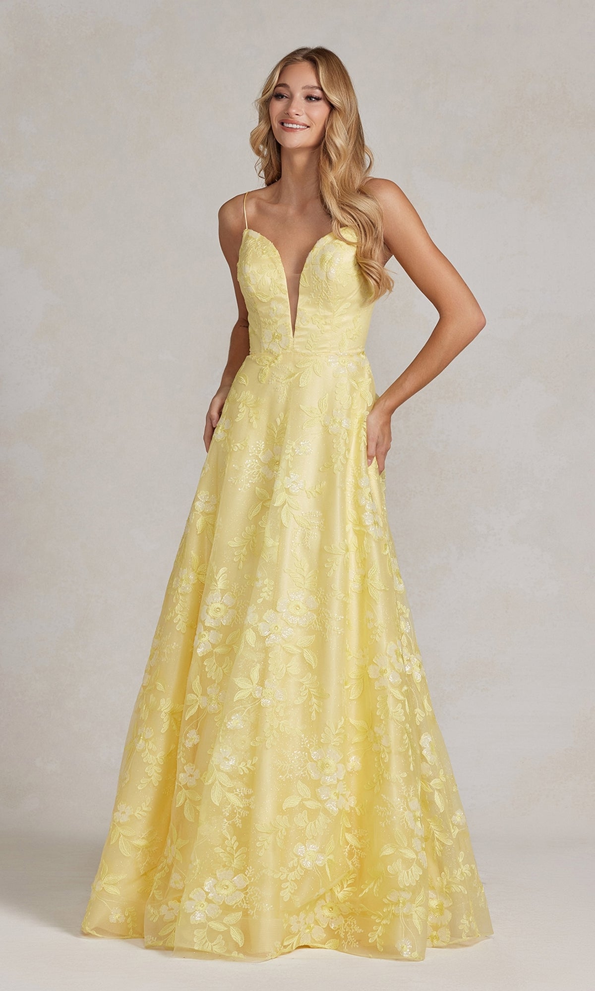 Plunging V-Neck Yellow Long Prom Ball Gown PromGirl