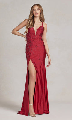 A woman wears the Backless Prom Dress with Floral Beaded Pattern, featuring a v-neck, deep red hue, sequin details, high leg slit, and plunging neckline against a neutral background.