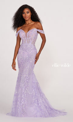 A woman poses against a plain background in the Lace-Embroidered Off-Shoulder Long Mermaid Gown. The text "ellie wilde" appears on the right, emphasizing this elegant Ellie Wilde prom dress.