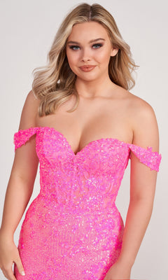 A woman with long blonde hair wears the Off-Shoulder Ellie Wilde Long Sequin Prom Dress, posing against a plain light background.