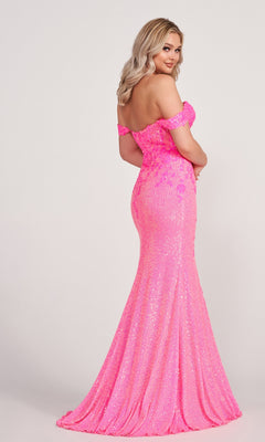 A blonde woman poses with her back to the camera, highlighting the Off-Shoulder Ellie Wilde Long Sequin Prom Dress—a fitted, floor-length sparkling pink gown—against a plain light background.