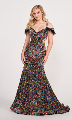 A woman poses against a plain background in the Long Sequin Cut-Out Prom Dress with Feathers—a fitted, floor-length mermaid gown featuring multicolored sequins, feather-trimmed straps, and bold cutout sides.