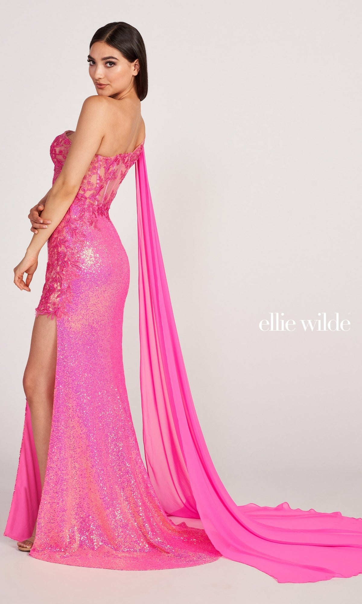 Sheer-Corset One-Shoulder Caped Long Prom Dress