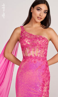 Sheer-Corset One-Shoulder Caped Long Prom Dress
