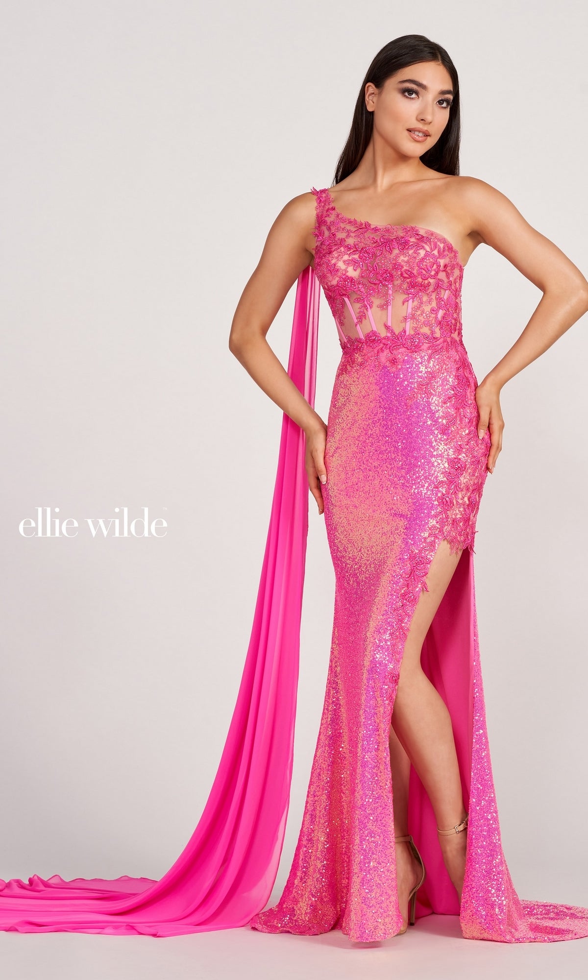 Sheer-Corset One-Shoulder Caped Long Prom Dress