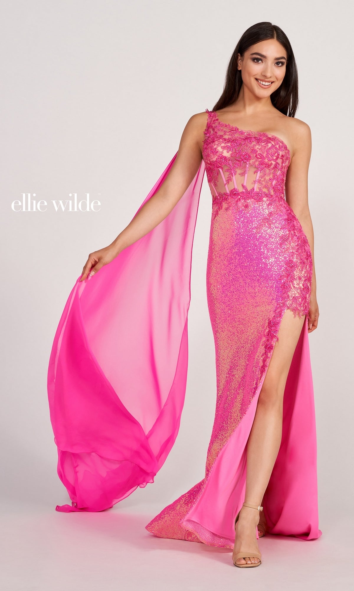 Sheer-Corset One-Shoulder Caped Long Prom Dress