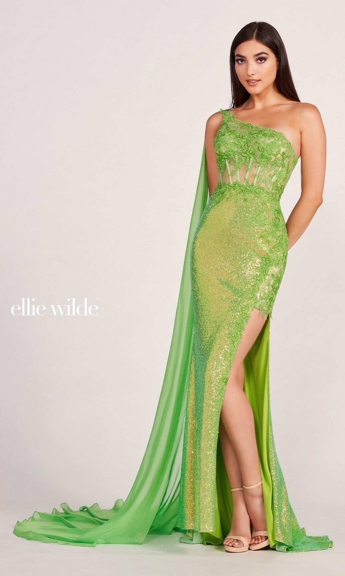 Sheer-Corset One-Shoulder Caped Long Prom Dress