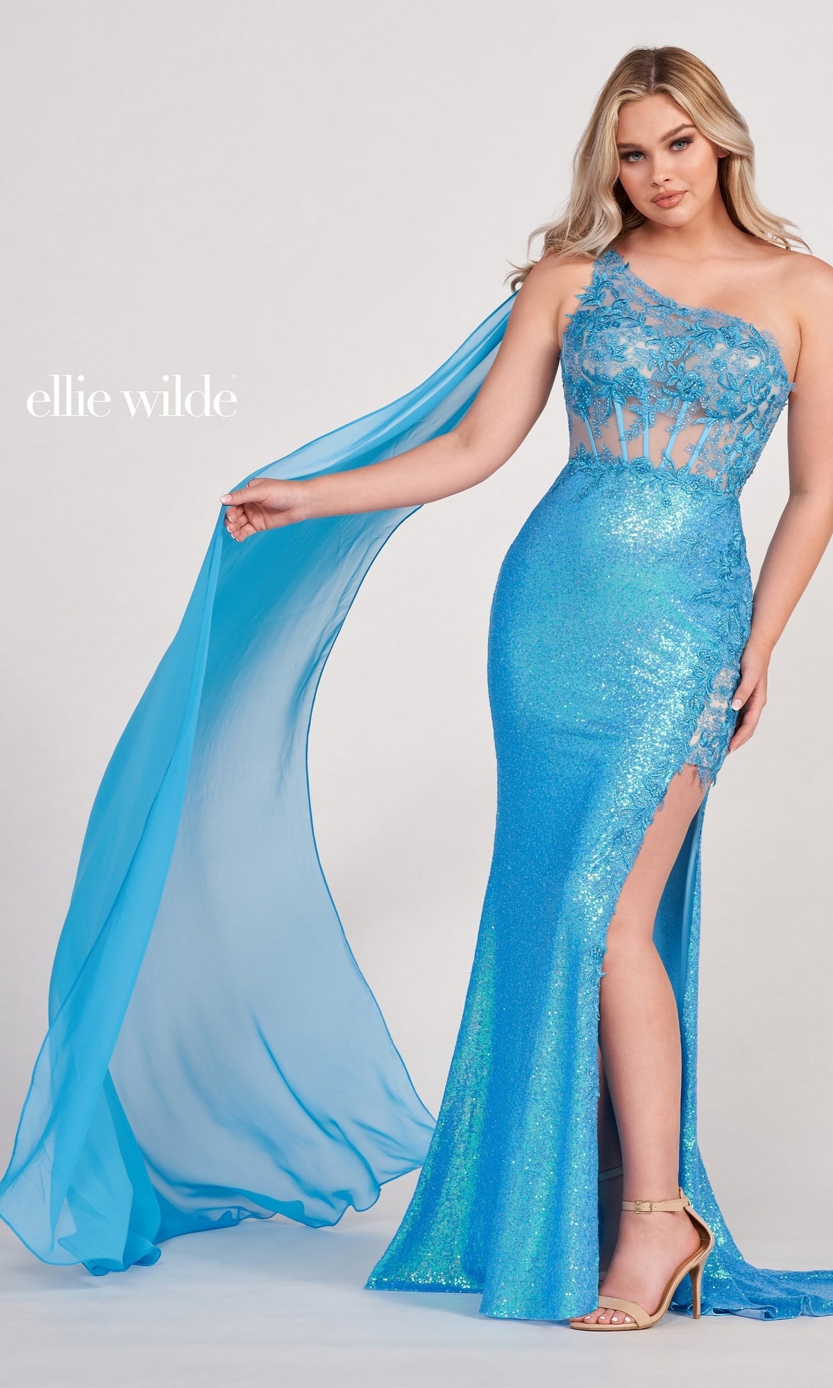 Sheer-Corset One-Shoulder Caped Long Prom Dress