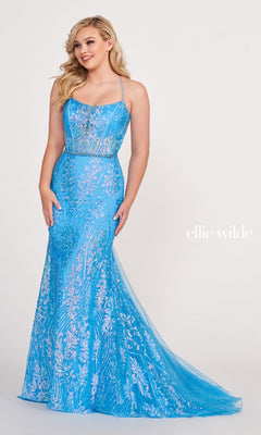 A woman wears the Sheer-Corset Long Sequin Mermaid Prom Dress, featuring a fitted, floor-length light blue design with sequin floral patterns, thin straps, open back, belted waist, slight train, and elegant mermaid silhouette against a white background.