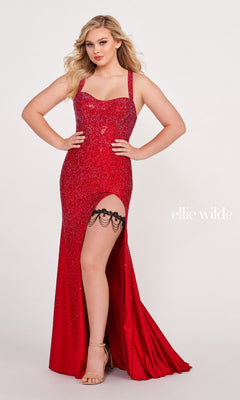 A woman models the Strappy-Back Long Beaded Prom Dress with Garter, a red, form-fitting gown featuring a thigh-high slit, embellished details, and spaghetti straps. "Ellie Wilde" text appears on the plain background.