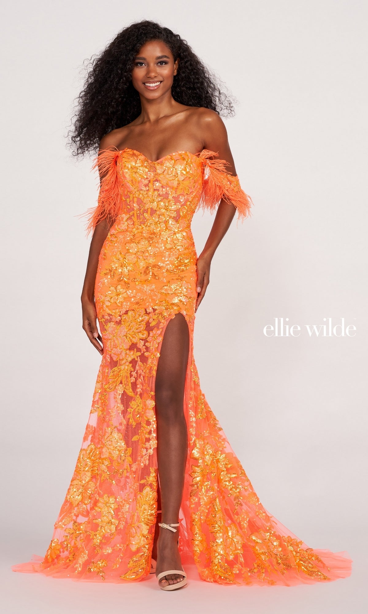 Off-Shoulder Feathered Sequin Prom Dress - PromGirl