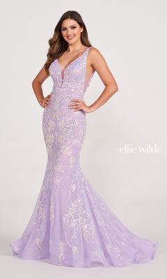 A woman models the Banded-Waist Long Sequin Mermaid Prom Dress—sleeveless, fitted, floor-length with a flared hem—posing against a plain background. "Ellie Wilde" appears on the right.
