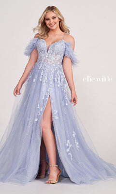 A woman wears the Glitter Ball Gown with off-the-shoulder feather sleeves, a sheer bodice, floral appliqué, and thigh-high slit. The light blue dress is shown on a white background with "ellie wilde" text.