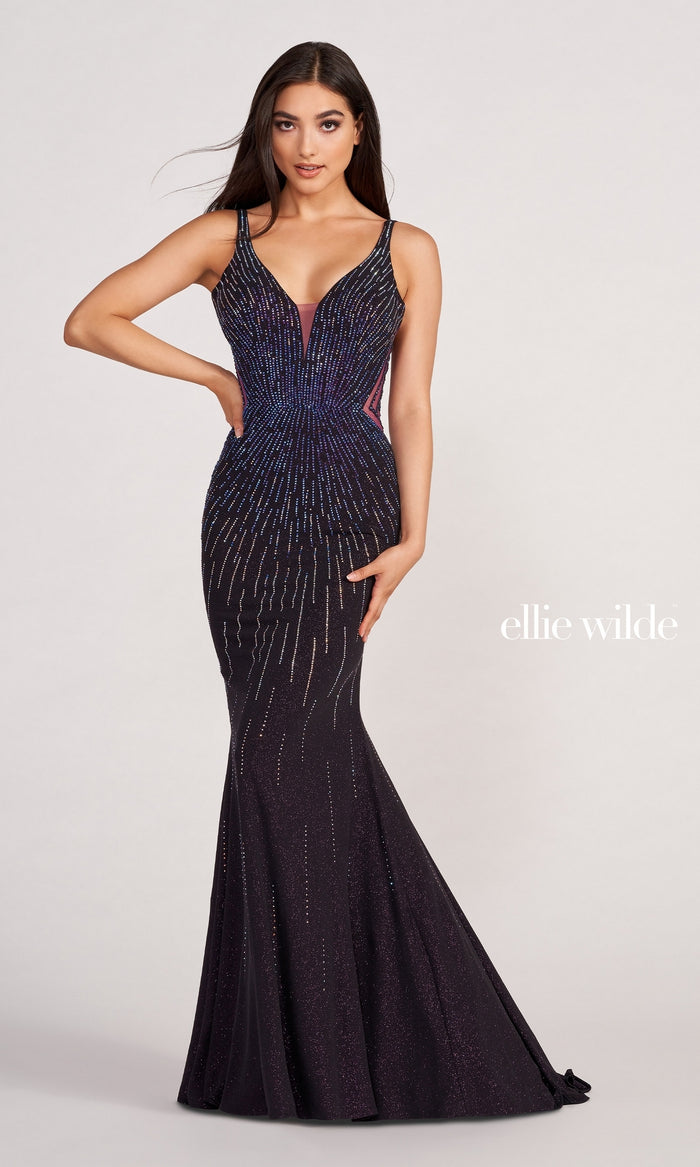 Sheer-Sides Ellie Wilde Long Glitter Prom Dress