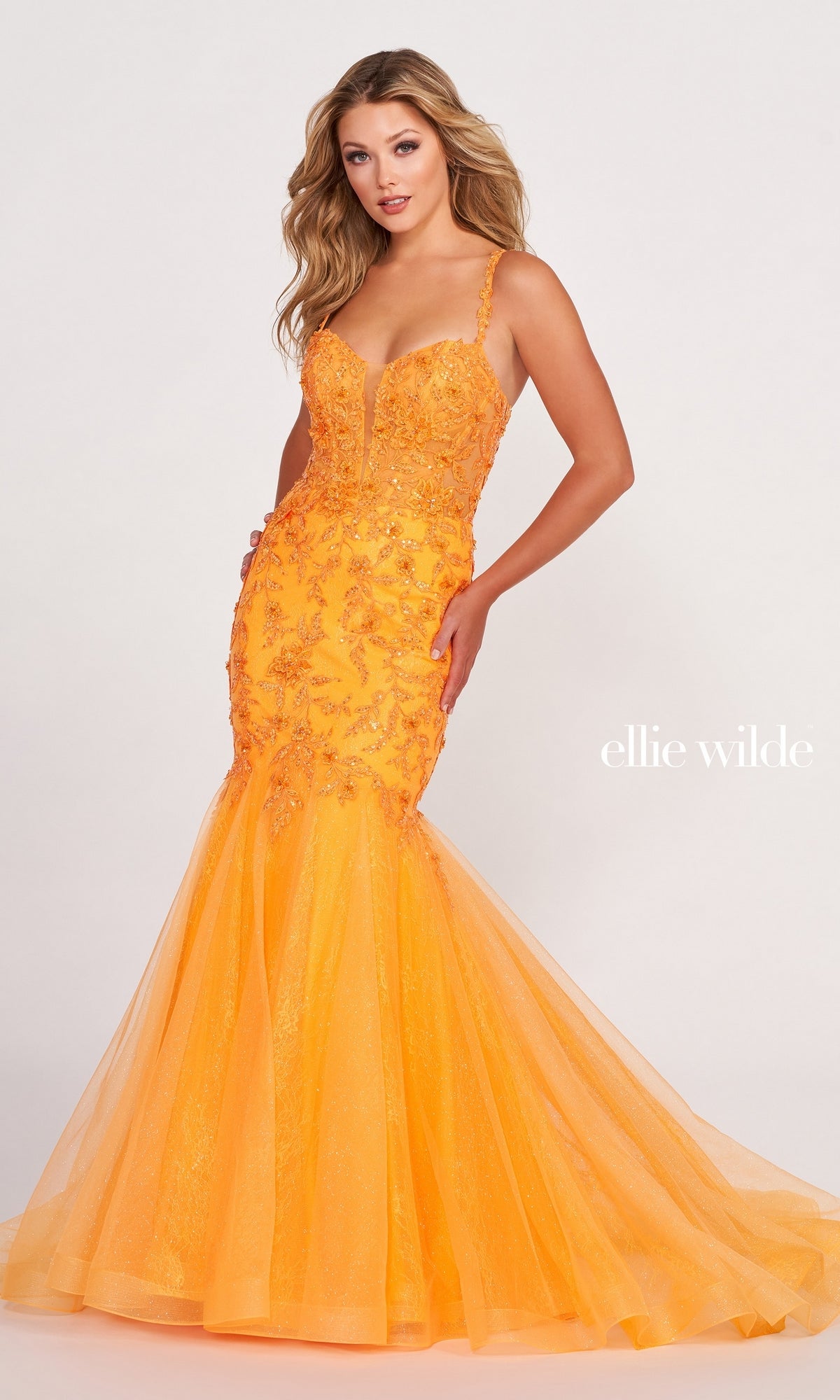 HALLMARK Long Sleeve Maxi Tulle Gown Regular Orange Prom Dress Stn4789orn