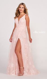 Ellie Wilde Faux-Wrap Embroidered-Lace Prom Dress
