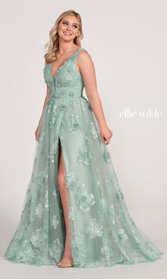 A woman in the Ellie Wilde Faux-Wrap Embroidered-Lace Prom Dress, featuring a sleeveless mint green design with a deep V-neckline and high slit, stands against a plain background.