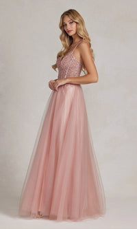 Beaded-Sheer-Bodice Rose Gold Prom Ball Gown