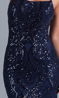 Close-up of the PromGirl Statement-Back Long Sequin Prom Dress: a navy blue, sleeveless formal gown featuring an intricate, symmetrical bead and sequin pattern—perfect for prom.