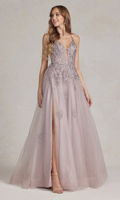 A woman in an open-back long prom ball gown with beads, featuring a sleeveless design, deep V neckline, tulle skirt, high slit, and beaded lace appliques stands against a neutral background.