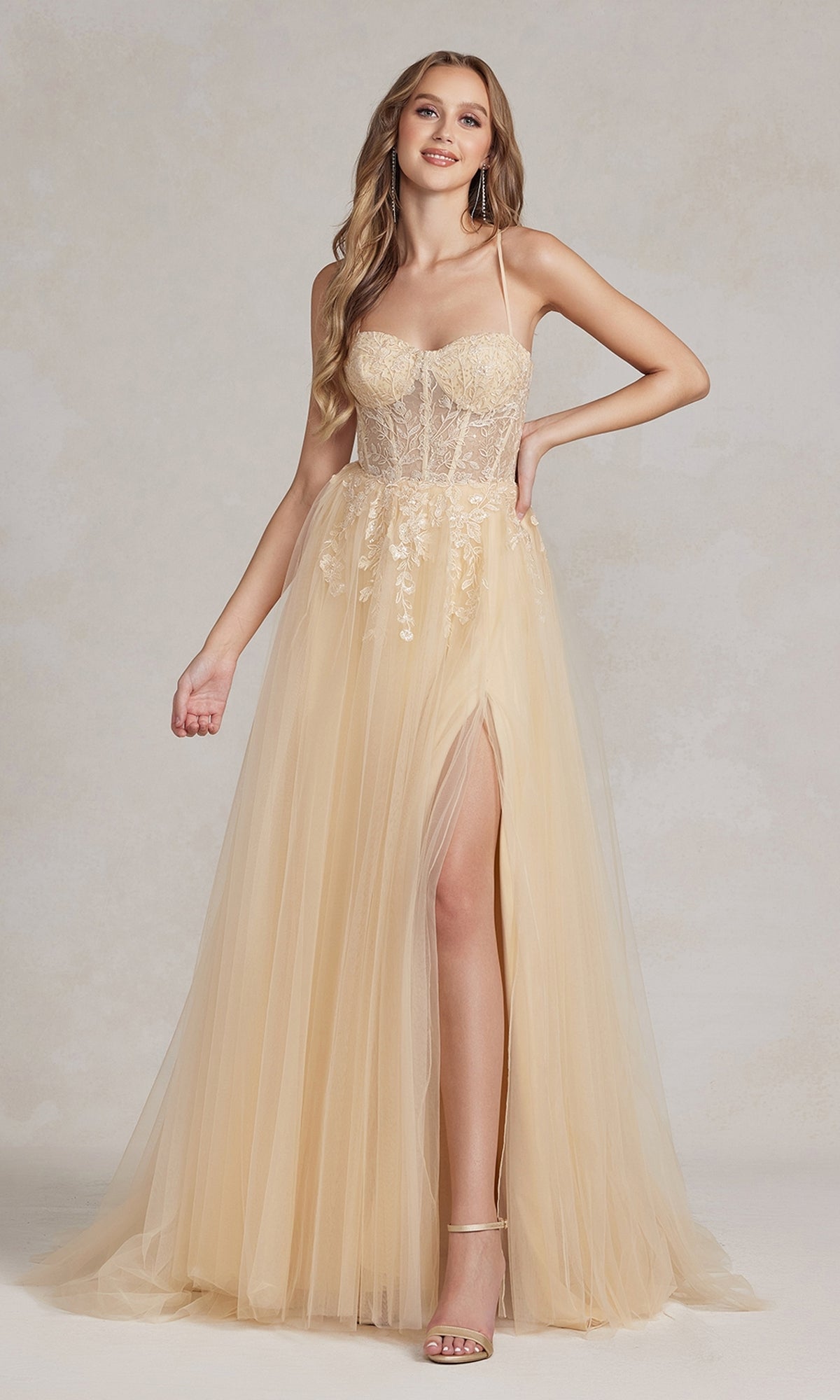 A woman wearing the Corset-Bodice Long Pastel Prom Dress, featuring a sheer lace bodice.
