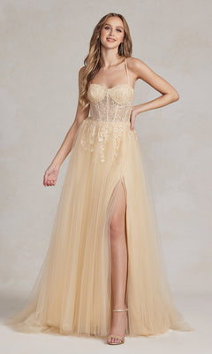 A woman wearing the Corset-Bodice Long Pastel Prom Dress, featuring a sheer lace bodice.