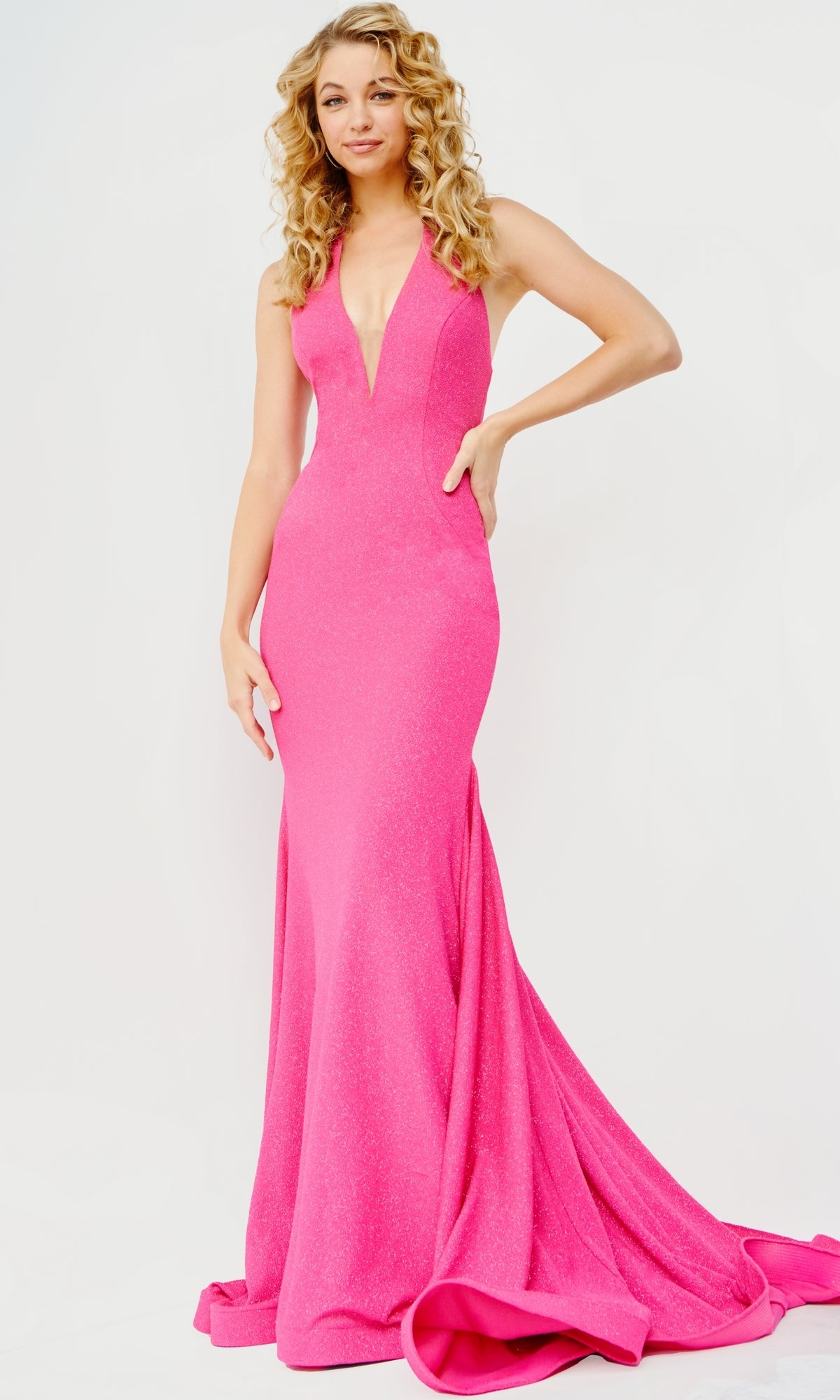 Hot Pink Long Glitter Backless Halter Prom Dress