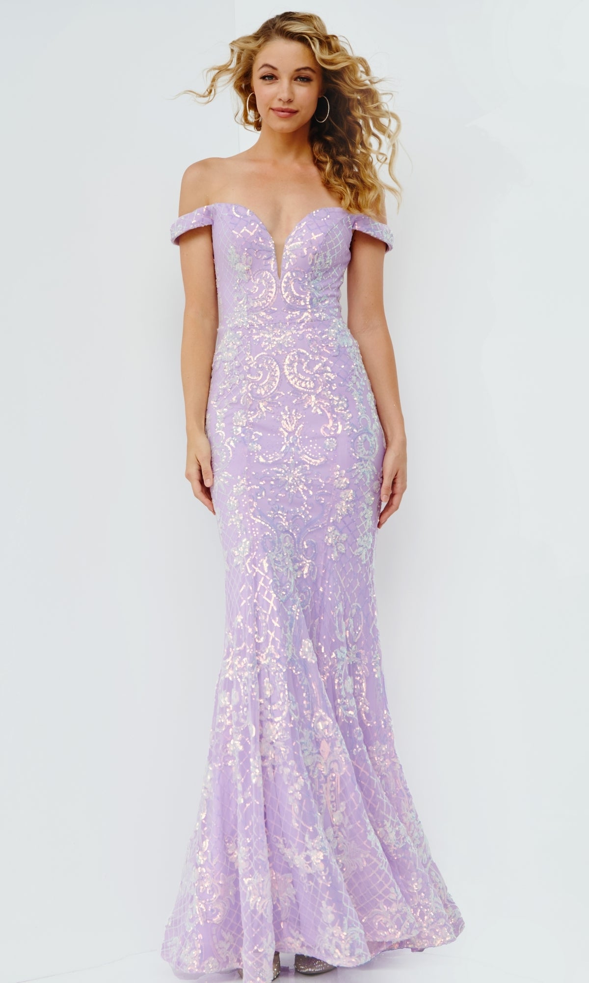 Off-the-Shoulder V-Neck Prom Dress with Sequin Print