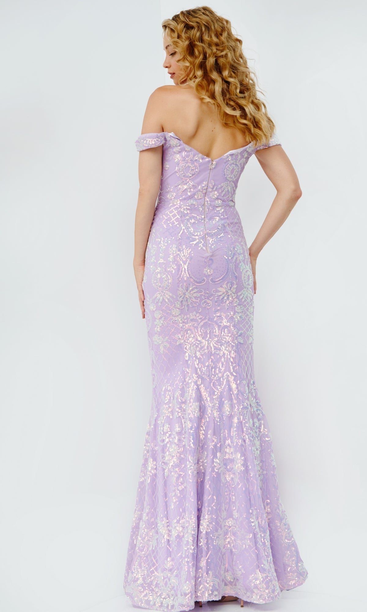 Off-the-Shoulder V-Neck Prom Dress with Sequin Print