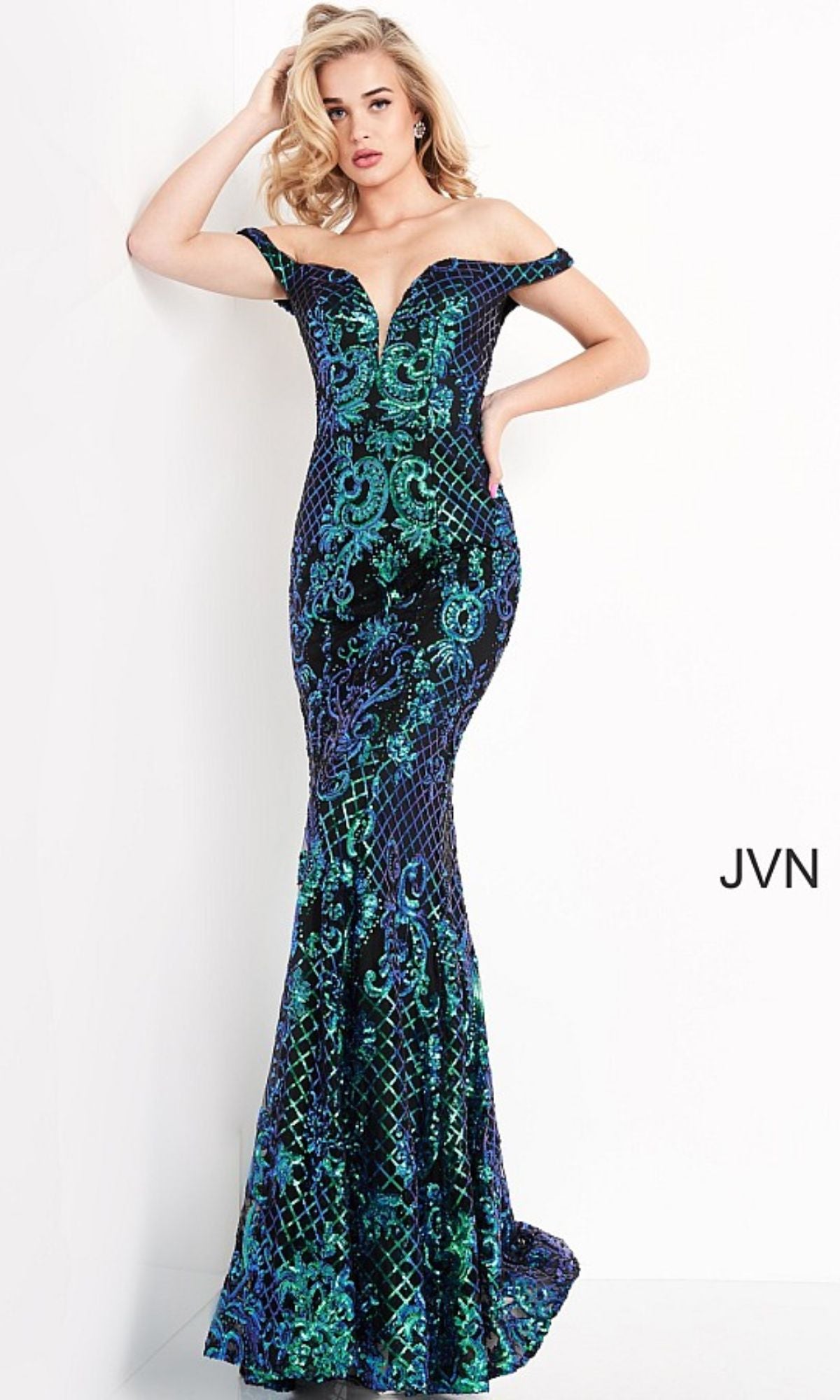 Off-the-Shoulder V-Neck Prom Dress with Sequin Print