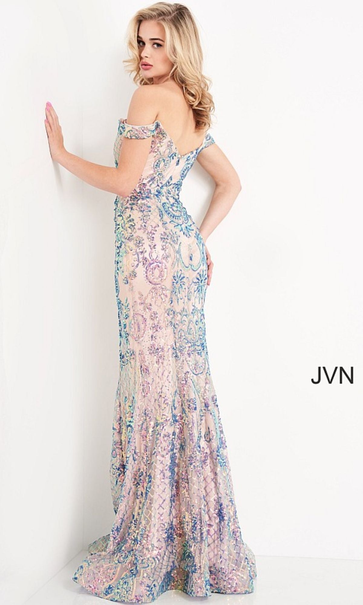 Off-the-Shoulder V-Neck Prom Dress with Sequin Print