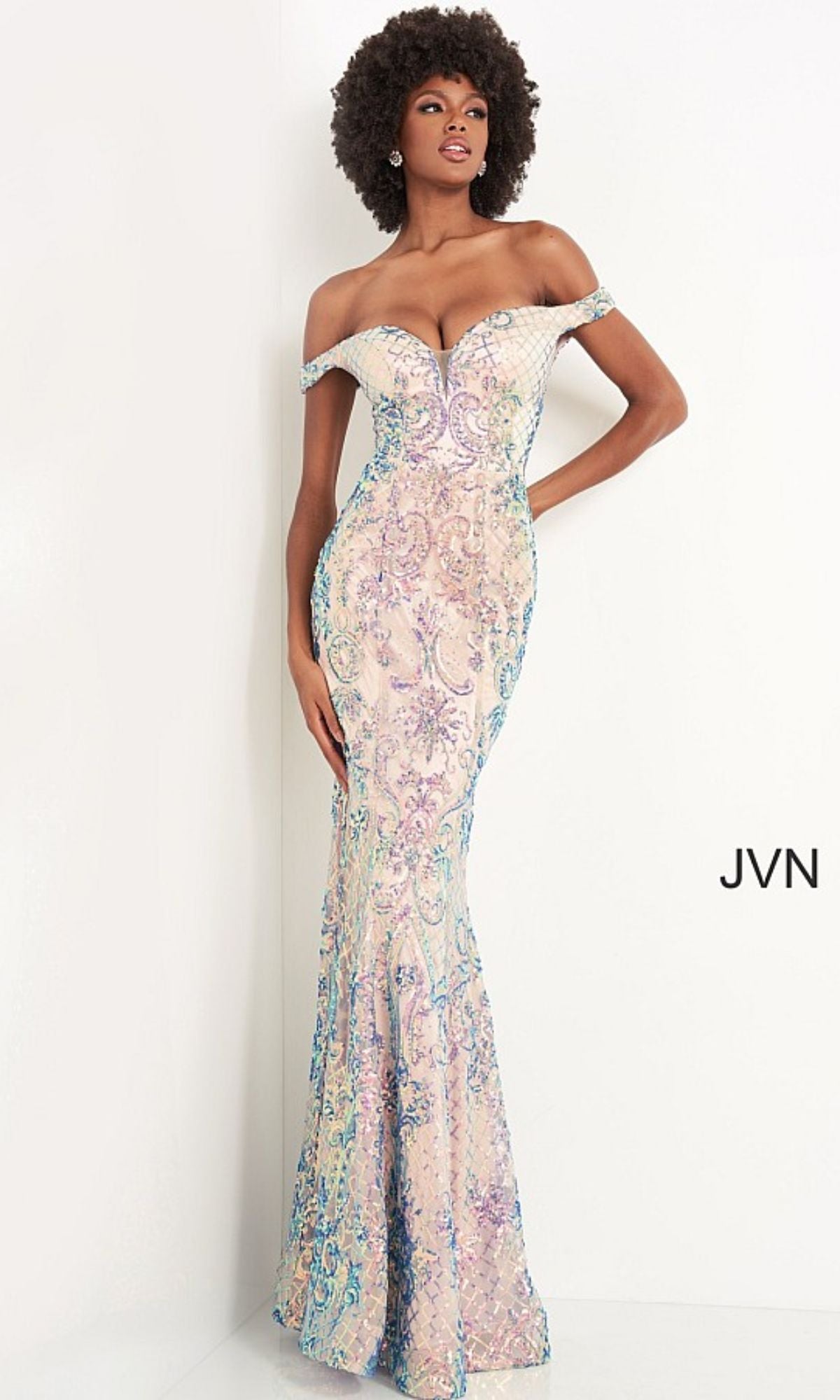 Off-the-Shoulder V-Neck Prom Dress with Sequin Print