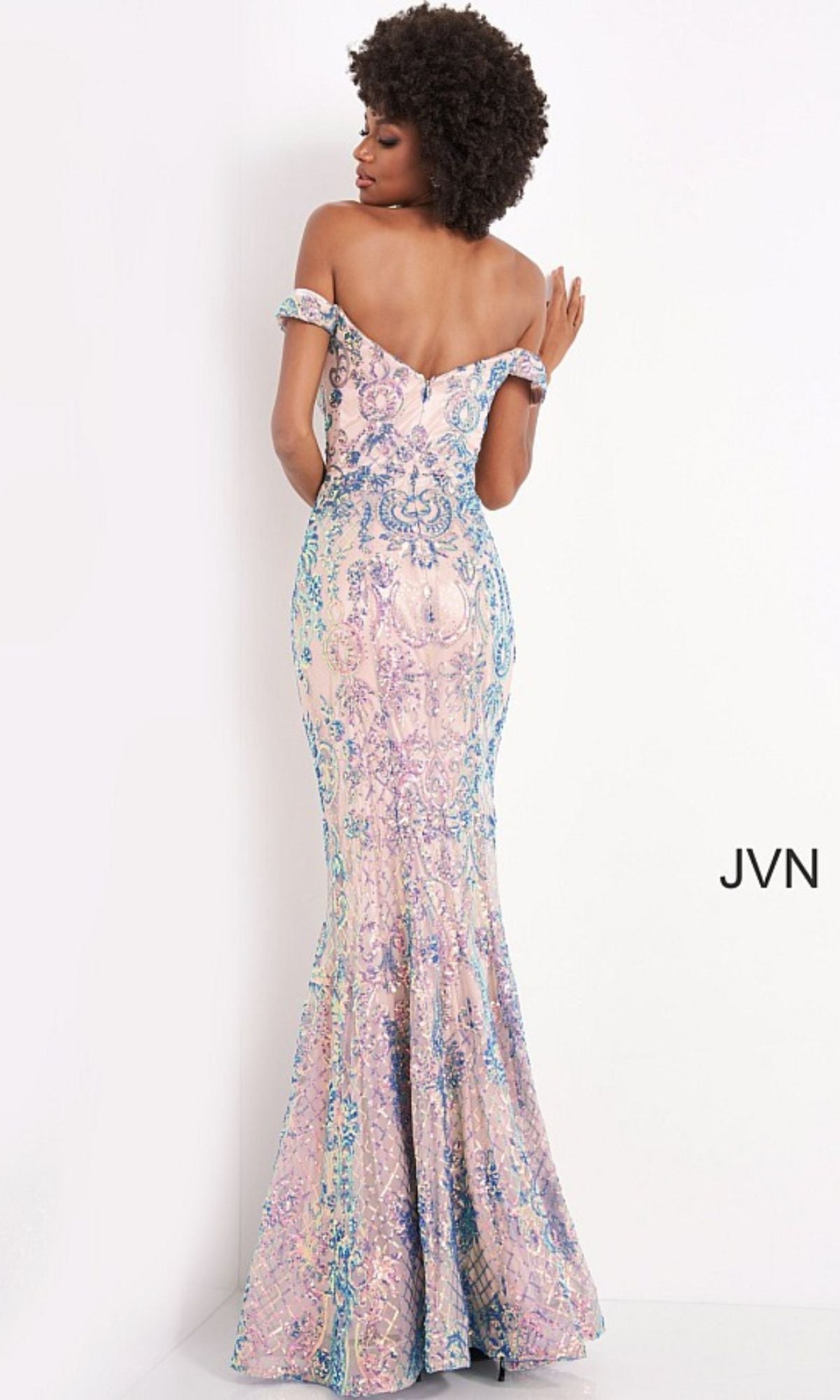 Off-the-Shoulder V-Neck Prom Dress with Sequin Print