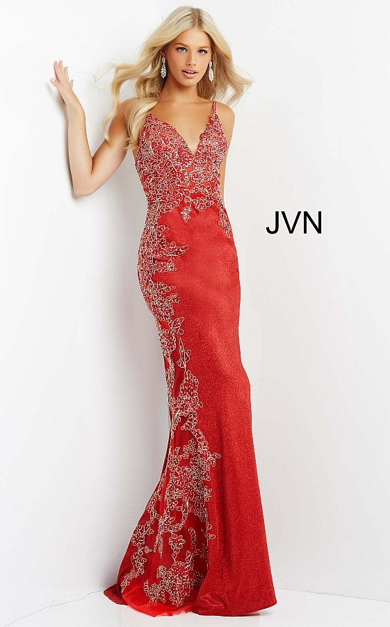 JVN by Jovani Sheer-Panel Long Glitter Prom Dress