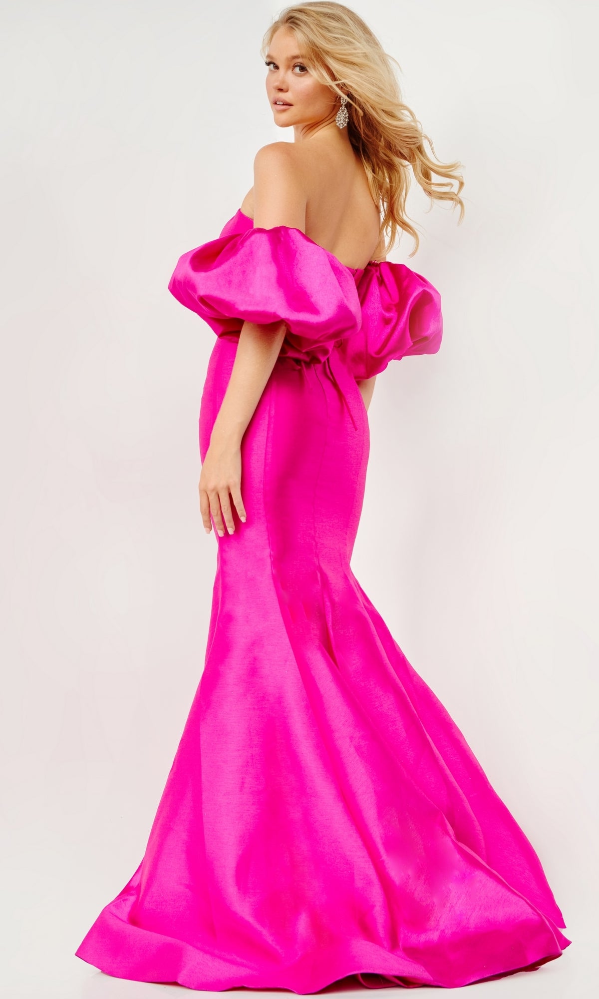 Puff-Sleeve Fuchsia Pink Prom Dress JVN22830