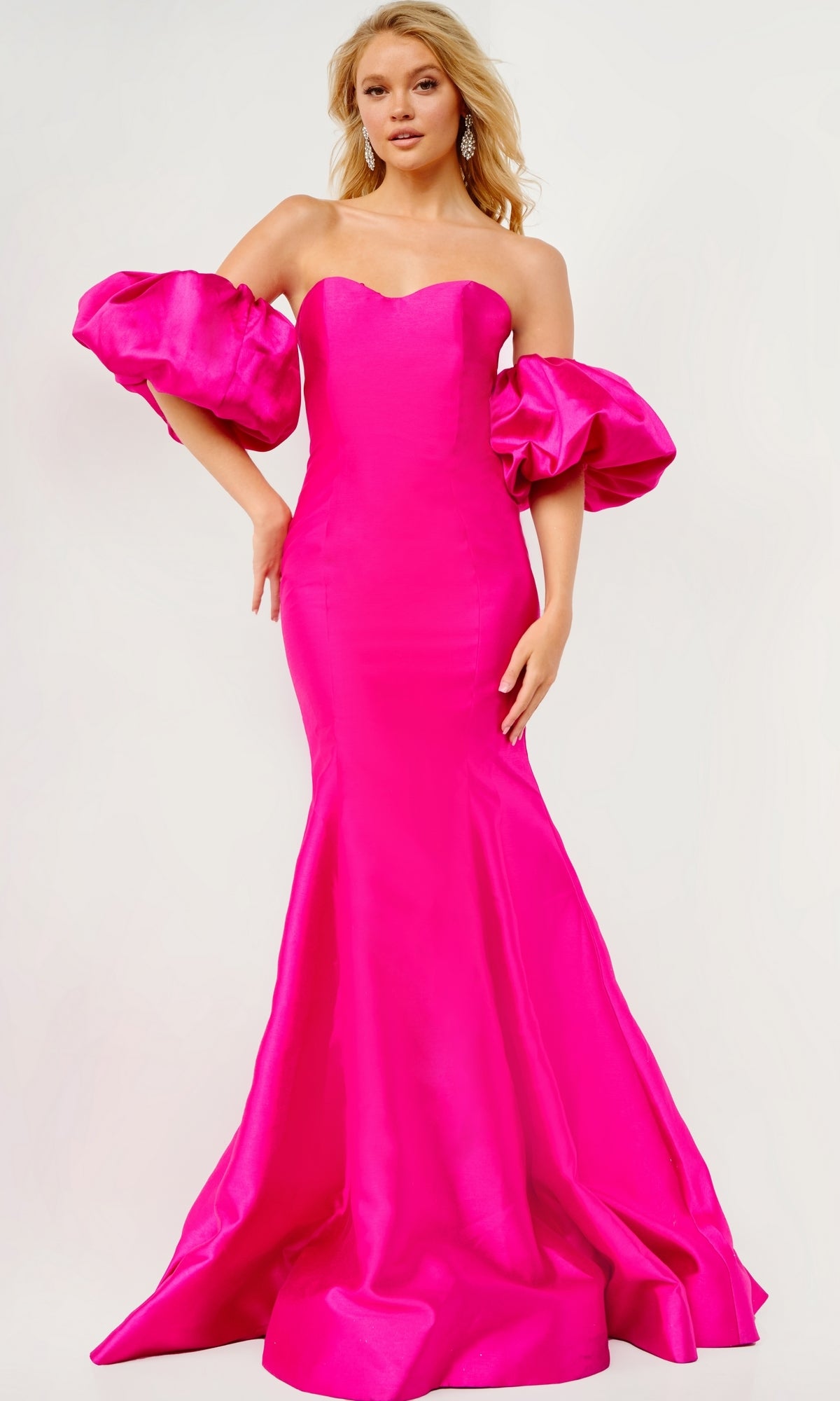 Puff-Sleeve Fuchsia Pink Prom Dress JVN22830
