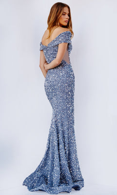 A woman poses with her back turned against a plain white background, wearing the Jovani Sequin Off-the-Shoulder Prom Dress.