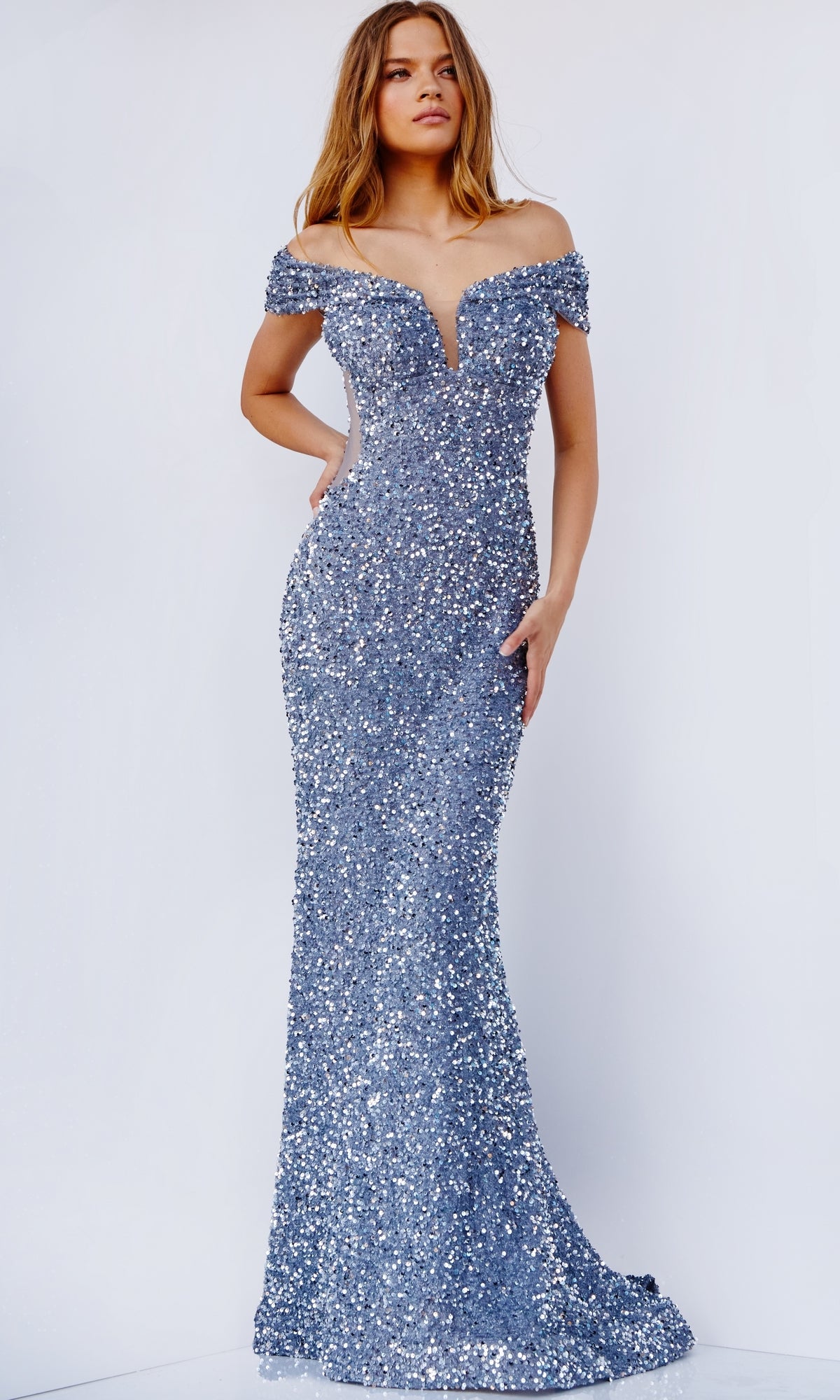 JVN by Jovani Sequin Off-the-Shoulder Prom Dress