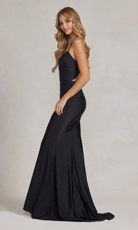 Beaded Sleek Long Formal Gown with Notched V-Neck